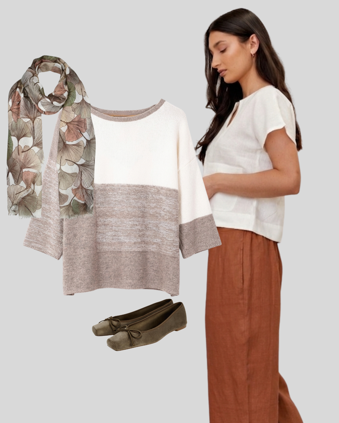 Styling ideas for the Autumn Gingko Scarf featuring a gingko leaf print.