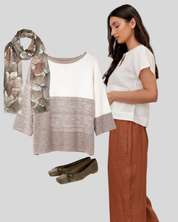 Styling ideas for the Autumn Gingko Scarf featuring a gingko leaf print.