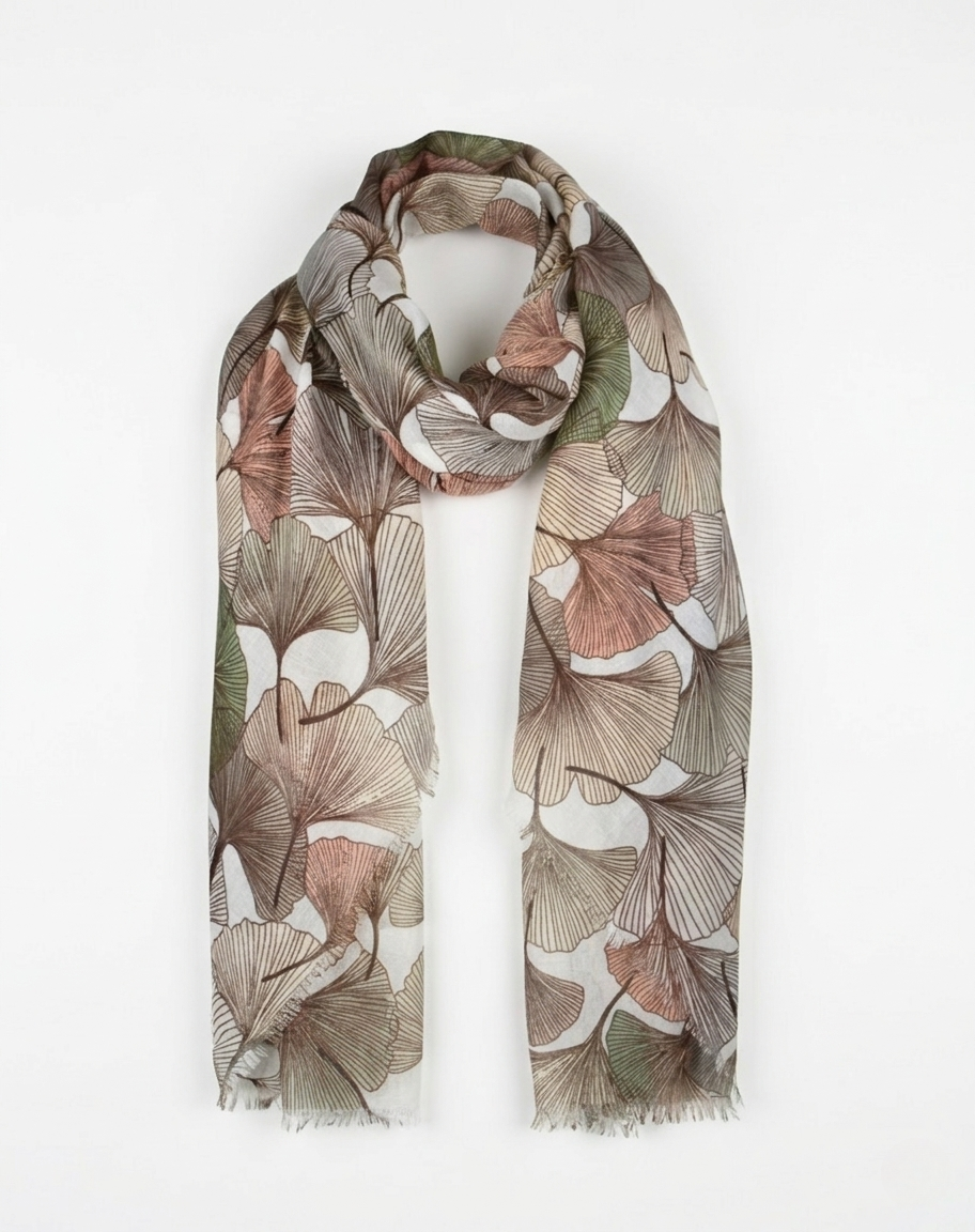 Autumn Gingko Scarf featuring a gingko leaf print in warm autumn hues.