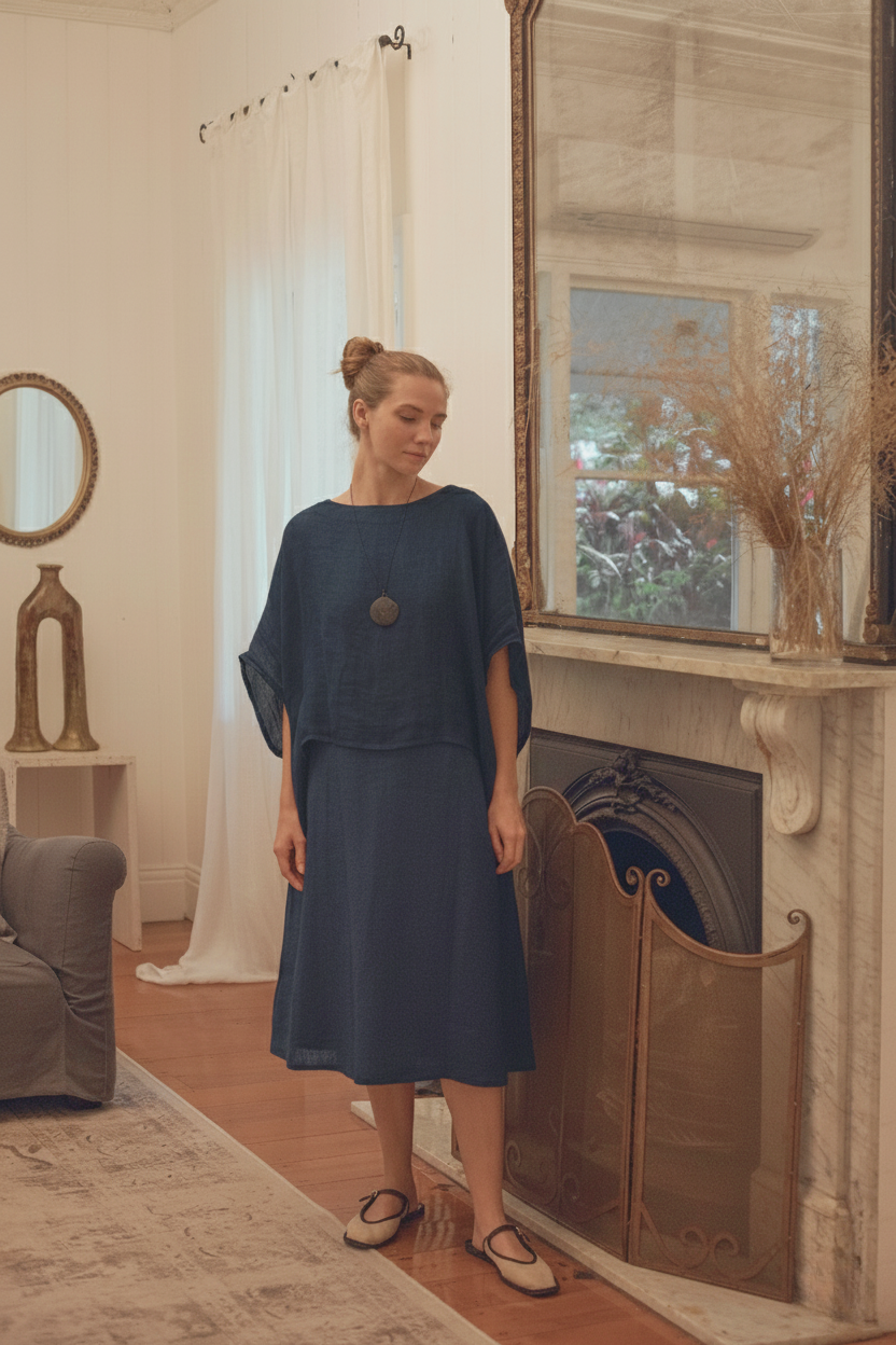 Camilla Linen Gauze Top Navy