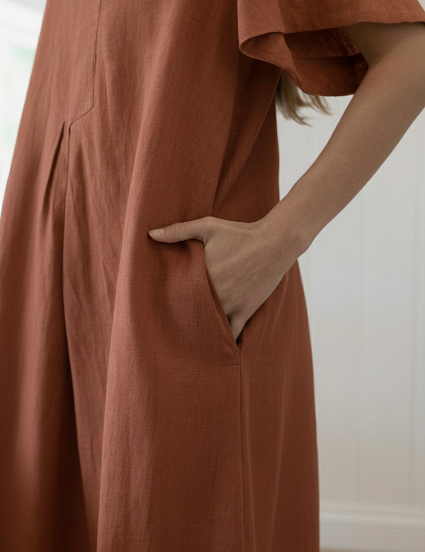 Close-up of the Charlotte Linen Dress Bark featuring pockets and elegant sleeve design.