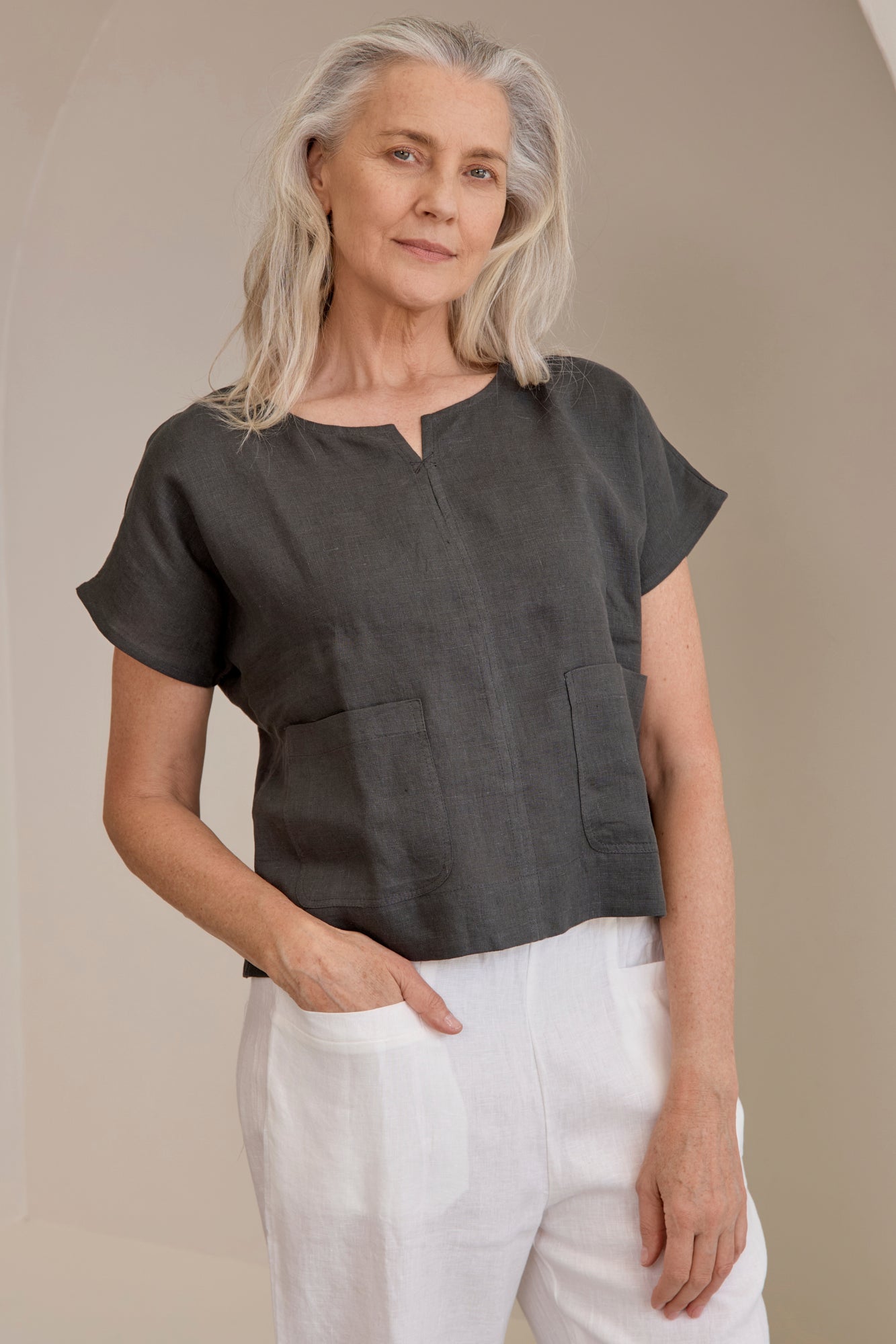 Zoe Linen Top Charcoal