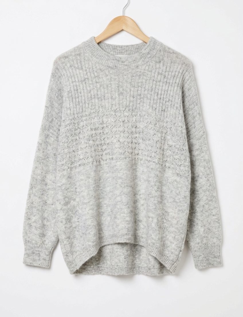 Marlo Wool Blend Jumper Dove Grey displayed on a hanger showcasing its soft knit texture and relaxed style.