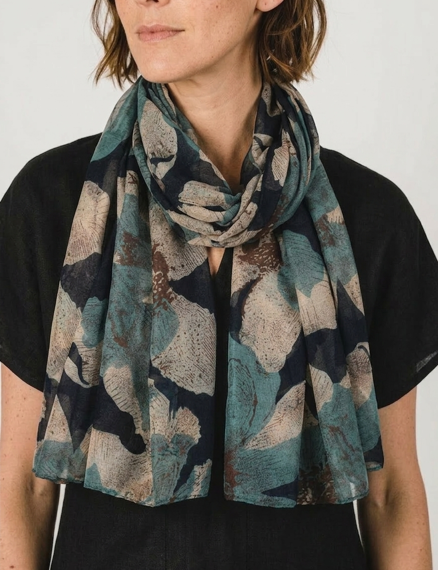 Navy Abstract Floral Scarf elegantly draped around a woman's neck, featuring a navy botanical design.