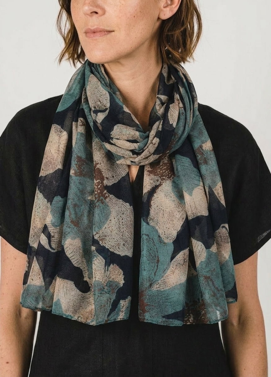 Navy Abstract Floral Scarf elegantly draped around a woman's neck, featuring a navy botanical design.