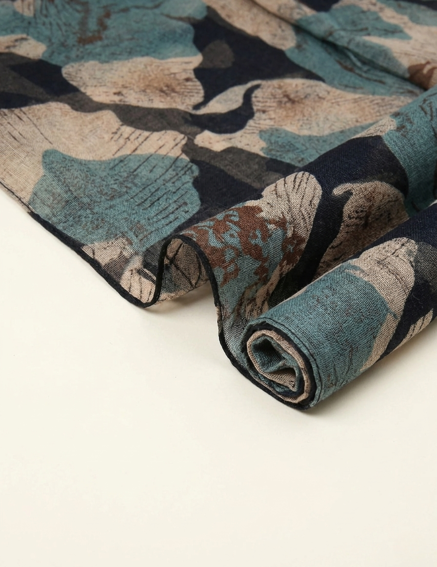 Navy Abstract Floral Scarf elegantly draped.