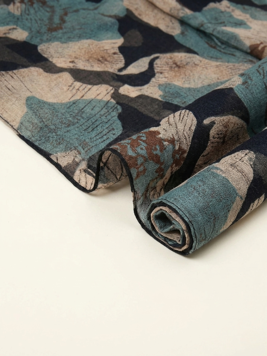 Navy Abstract Floral Scarf elegantly draped.