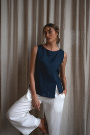 Shell Linen Top Navy