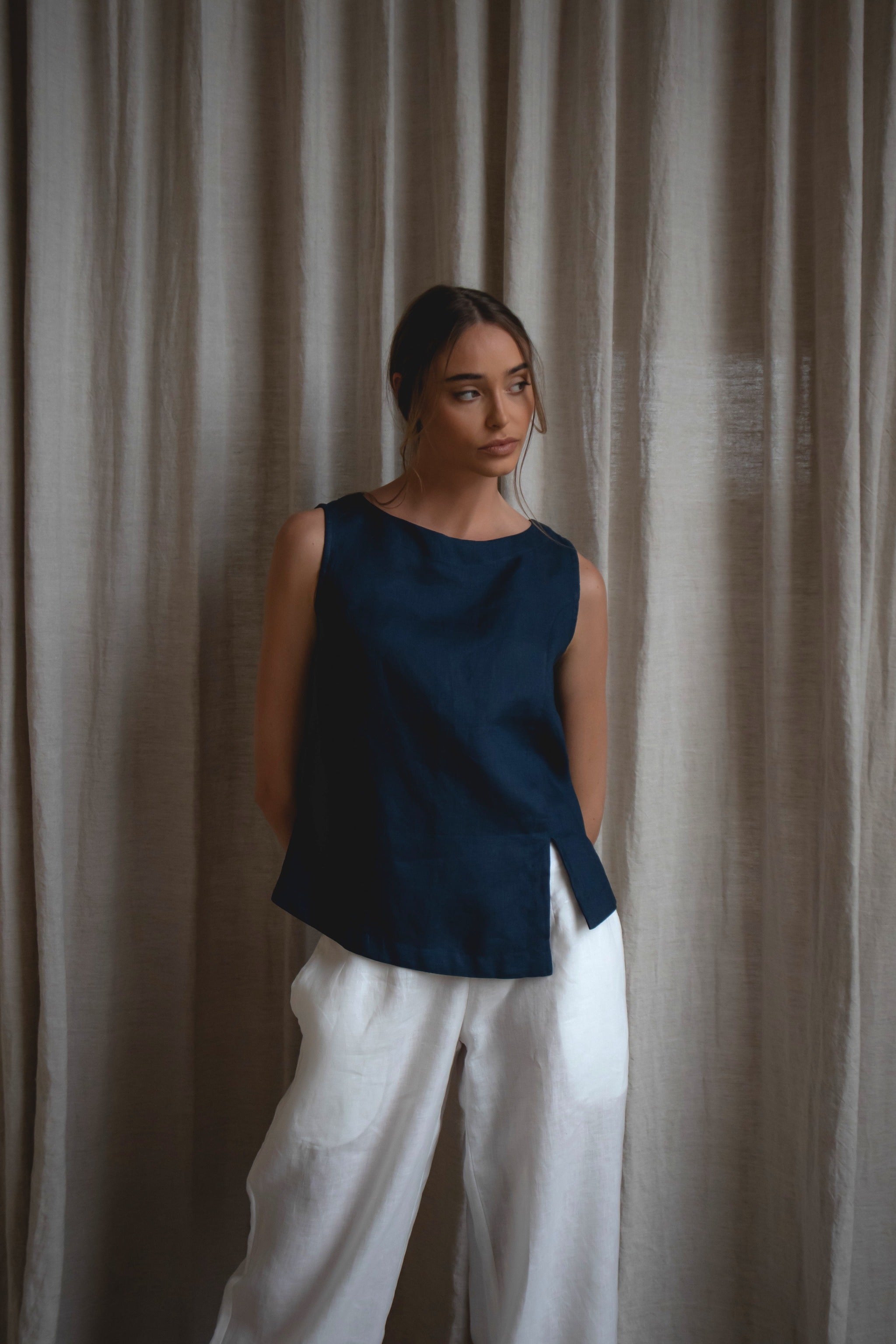 Shell Linen Top Navy